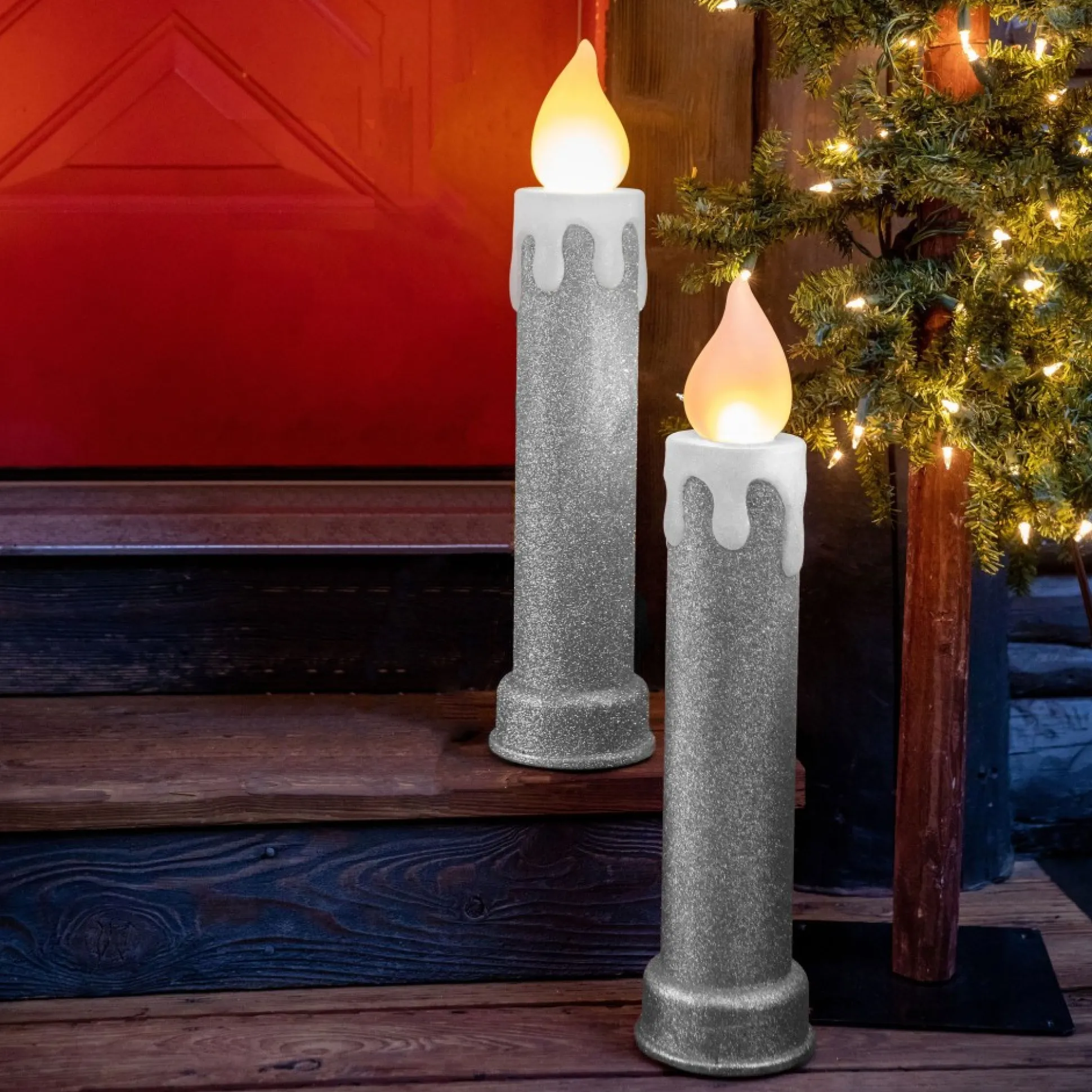 Clearance Mr. Christmas 24" Set Of 2 Blow Mold Candles - Silver