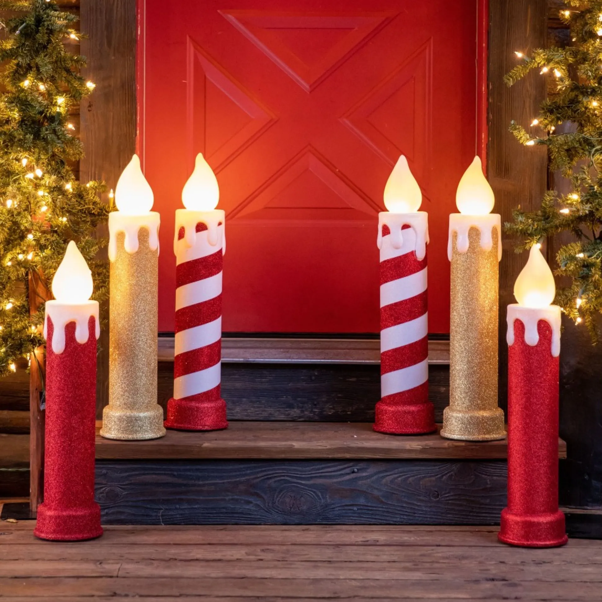 New Mr. Christmas 24" Set Of 2 Blow Mold Candles - Gold
