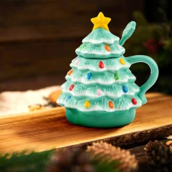 Hot Mr. Christmas Nostalgic Ceramic Tree Lidded Mug With Spoon - Seafoam