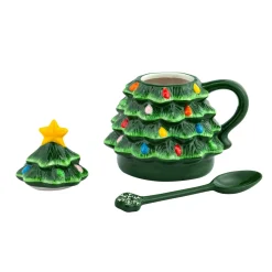 Clearance Mr. Christmas Nostalgic Ceramic Tree Lidded Mug With Spoon - Green