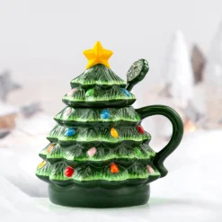 Hot Mr. Christmas Nostalgic Ceramic Tree Lidded Mug With Spoon - Green